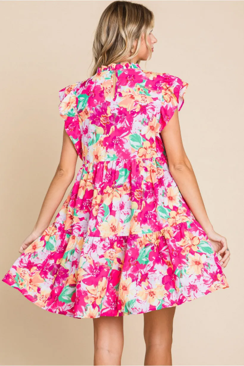Floral Print Dress W/Frilled Neck, Back Buttoned Closure, Ruffled Shoulder, Side Pockets