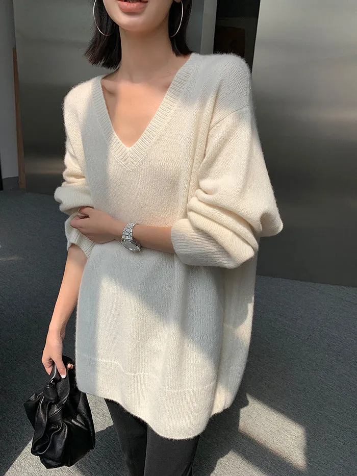 Idle Style V-neck Women's Thick Mid-length Sweater