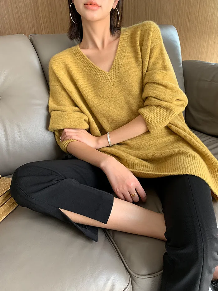 Idle Style V-neck Women's Thick Mid-length Sweater