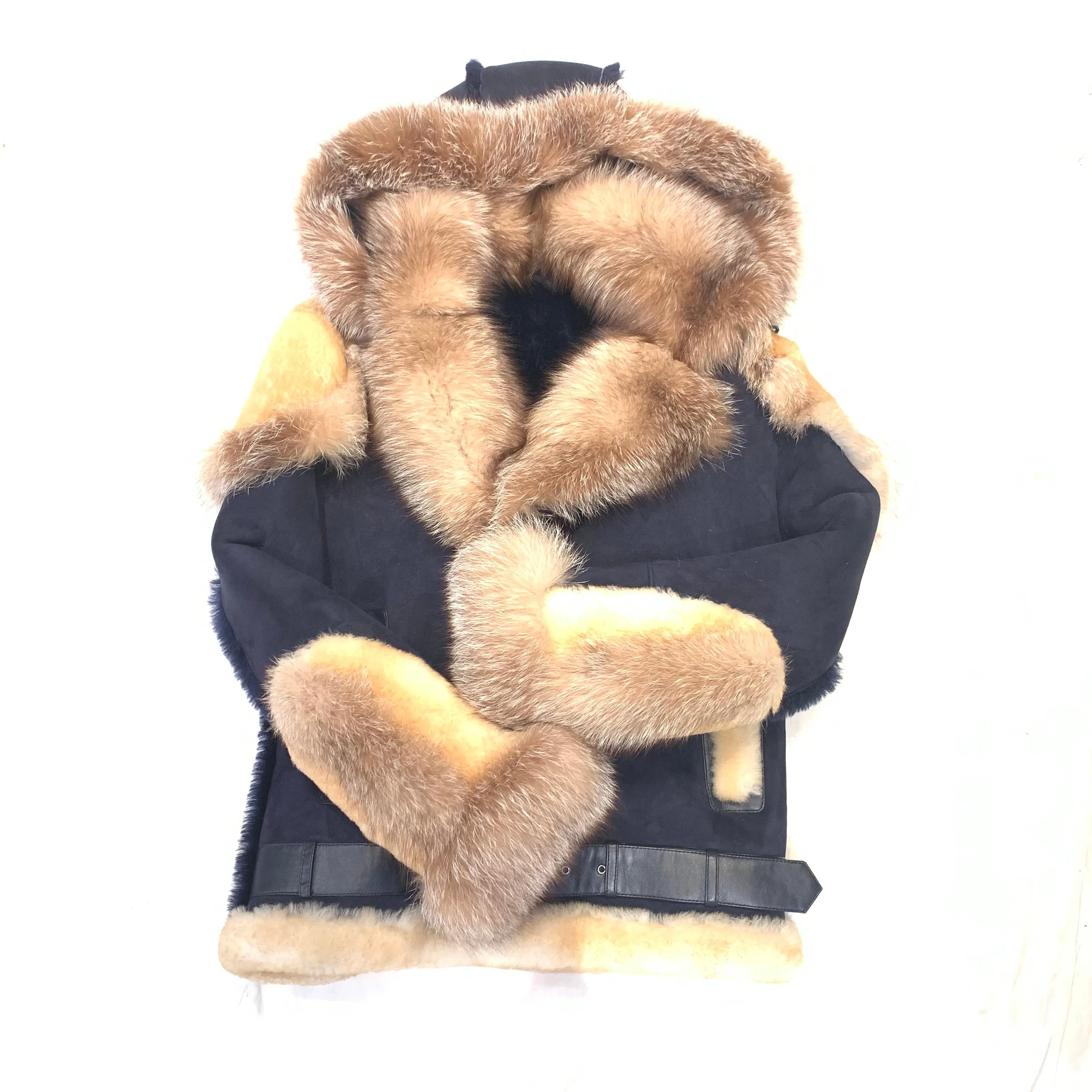 Kashani Men's Navy Blue Over Sized Fox Fur Collar/ Hooded Shearling Jacket