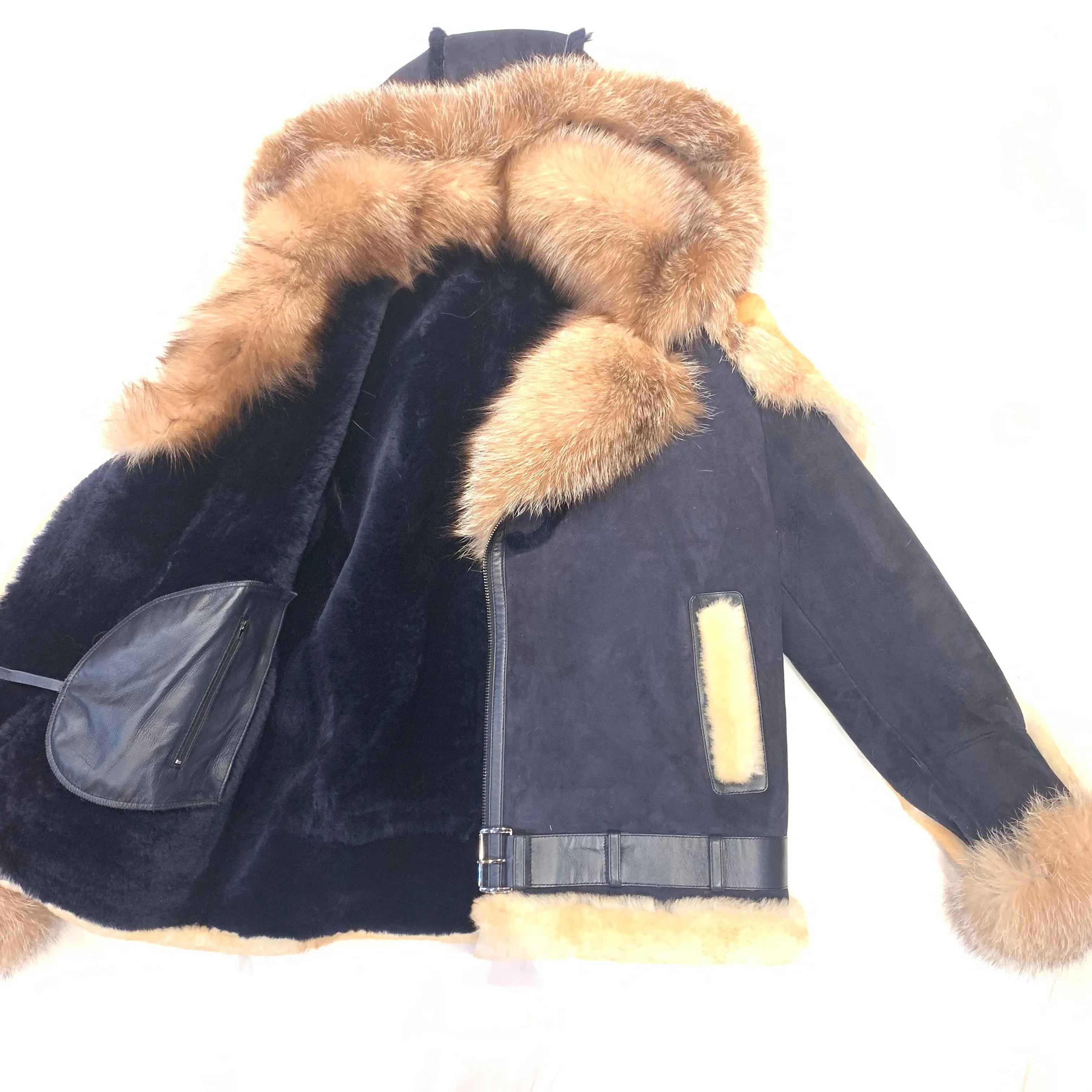 Kashani Men's Navy Blue Over Sized Fox Fur Collar/ Hooded Shearling Jacket