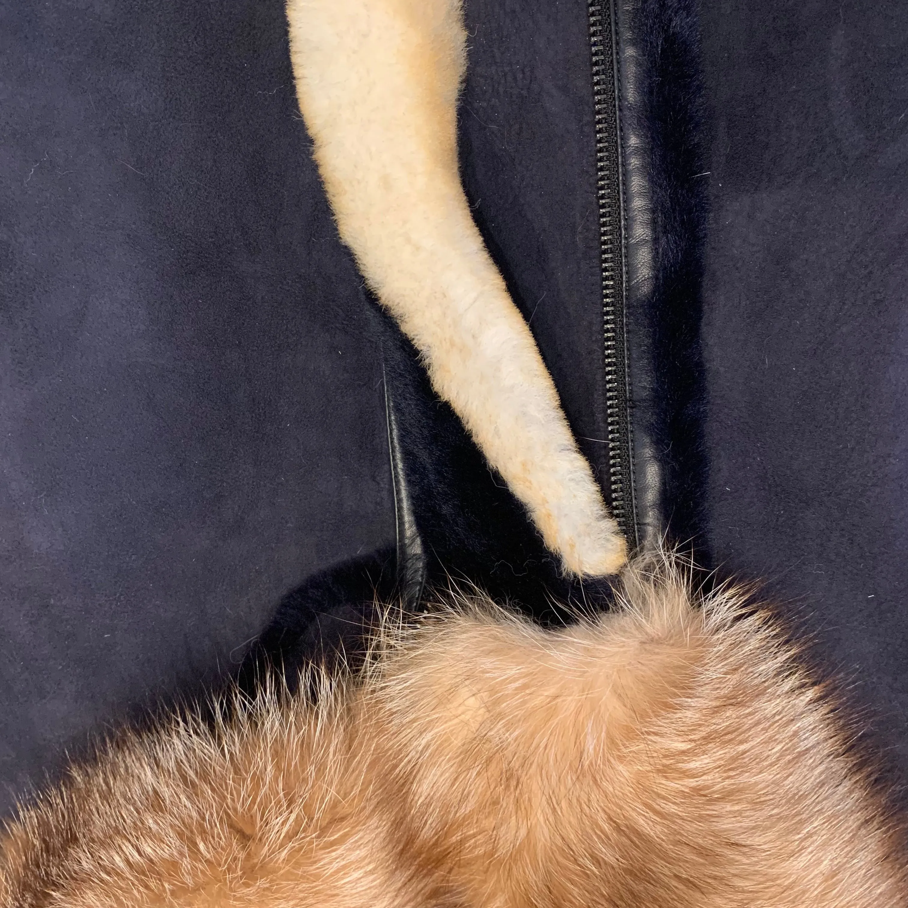 Kashani Men's Navy Blue Over Sized Fox Fur Collar/ Hooded Shearling Jacket