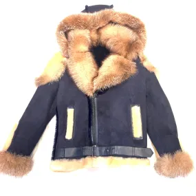 Kashani Men's Navy Blue Over Sized Fox Fur Collar/ Hooded Shearling Jacket