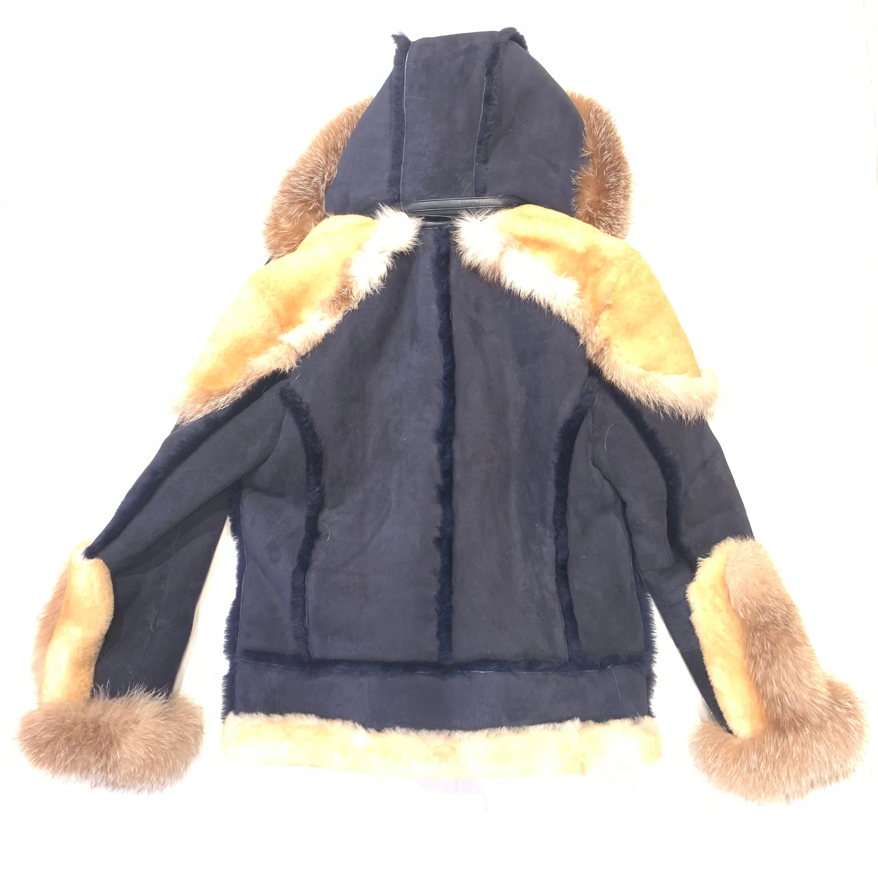 Kashani Men's Navy Blue Over Sized Fox Fur Collar/ Hooded Shearling Jacket