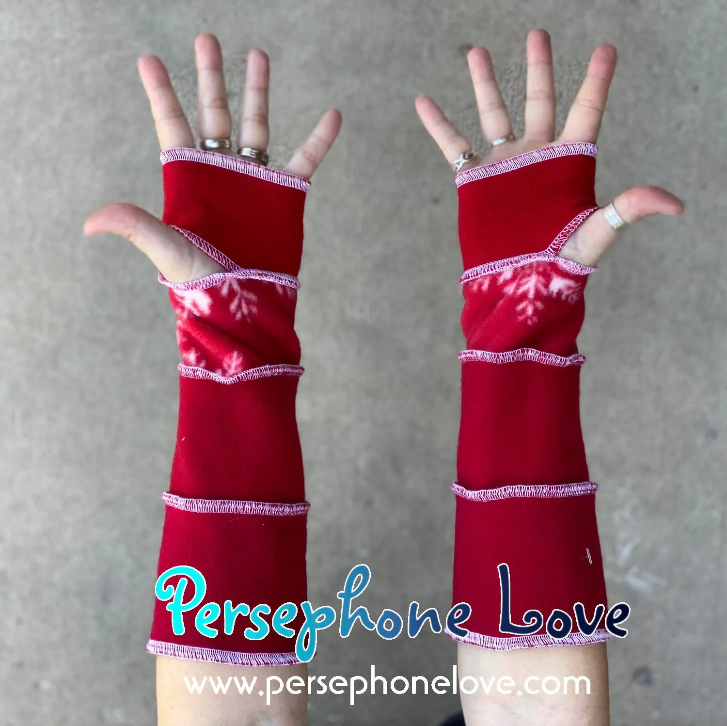 Katwise inspired needle-felted red white 100% cashmere/fleece upcycled sweater arm warmers -1466