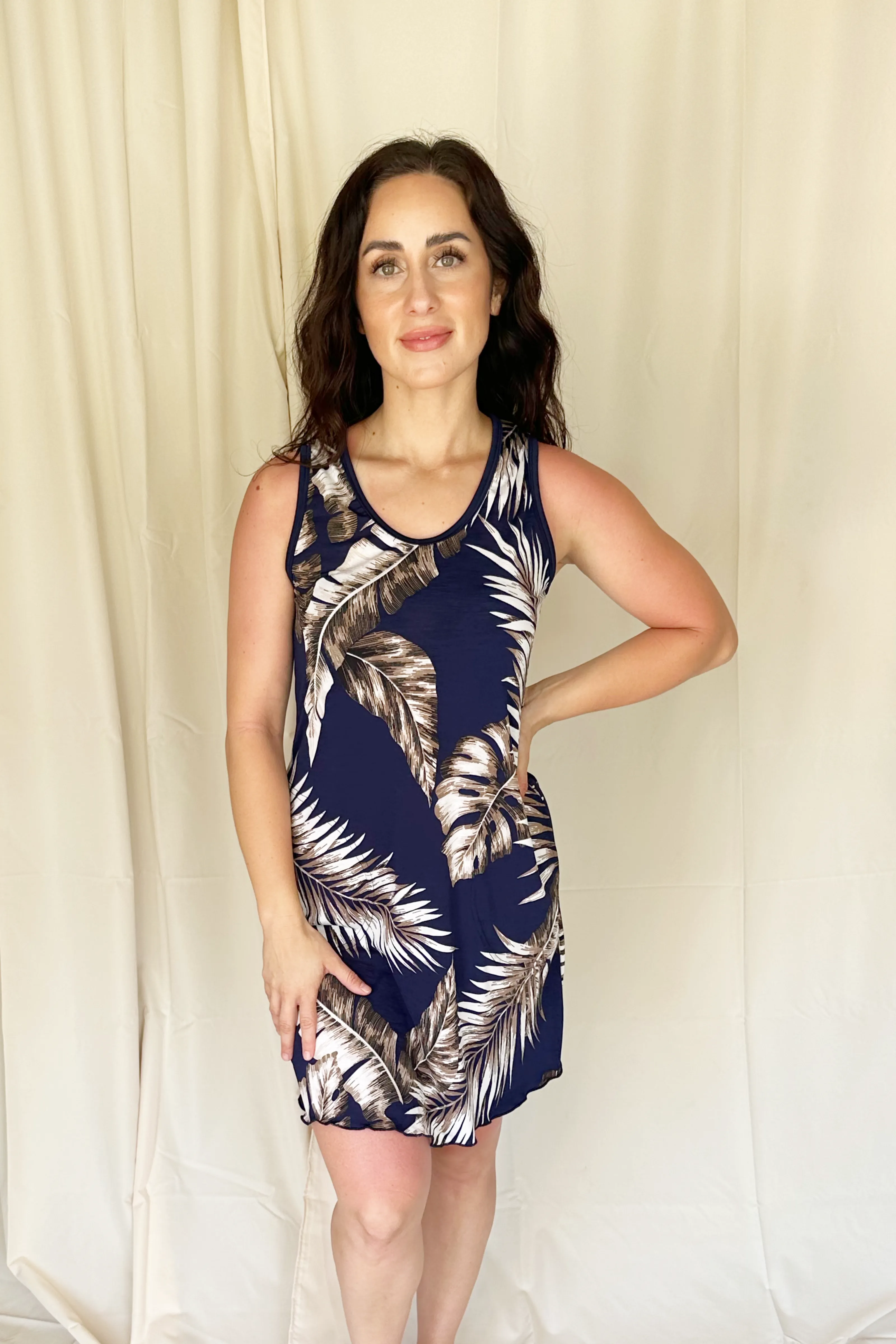 Navy Palm Sporty Tank Dress w/ Pockets