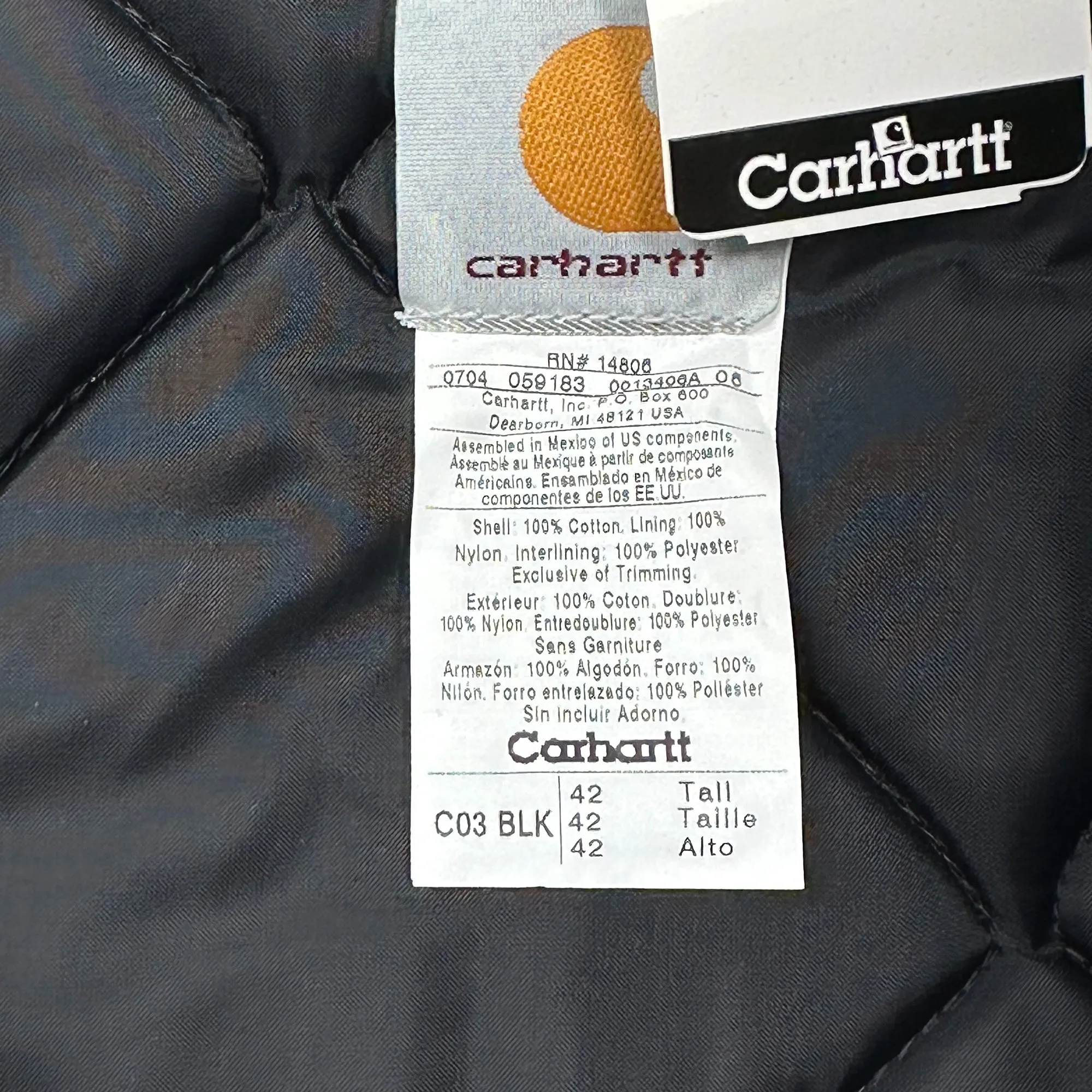 NWT Carhartt C03 BLK Quilted Nylon Lined Duck Arctic Coat 42 Tall (Large Tall)
