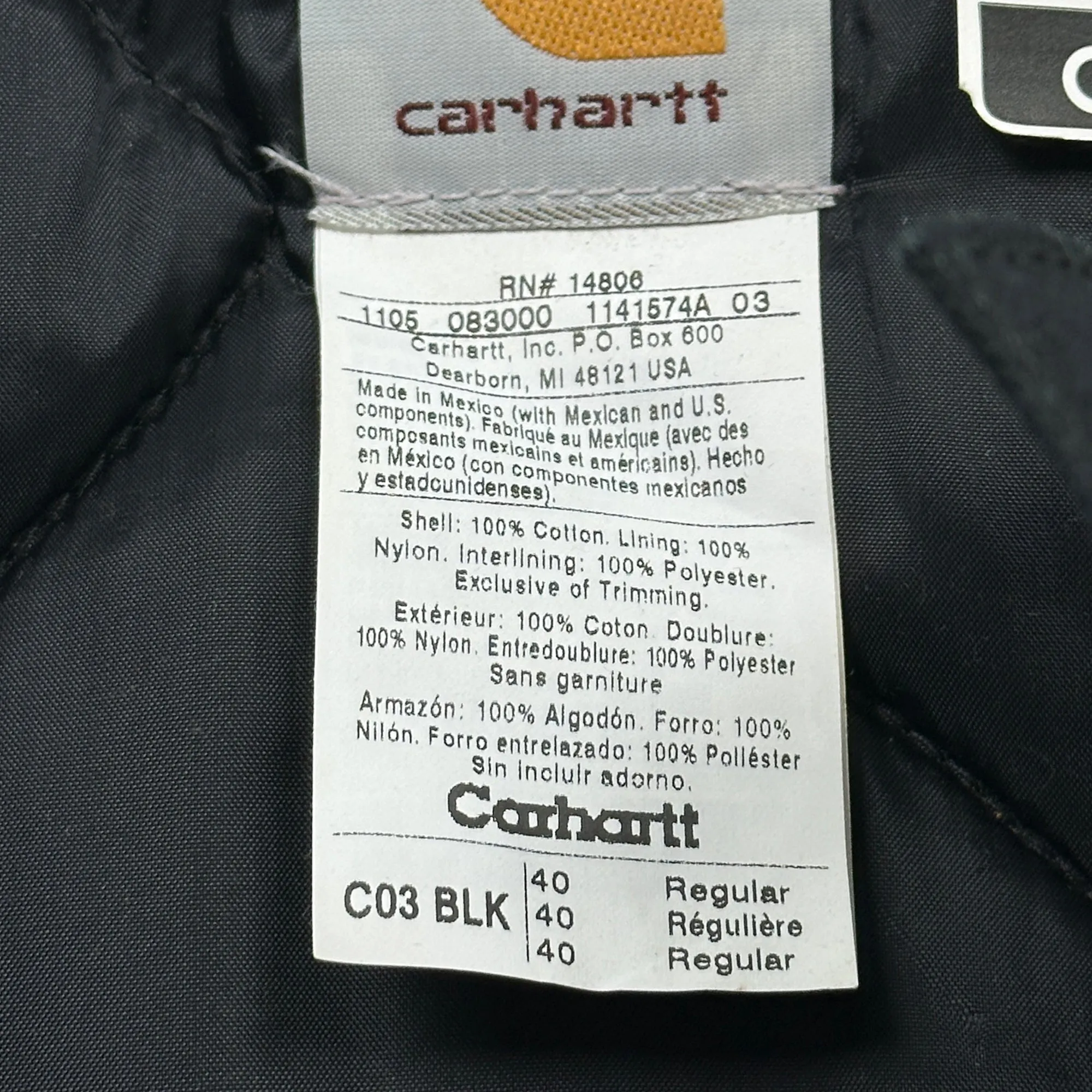 NWT Vintage Carhartt C03 BLK Quilted Nylon Lined Duck Arctic Coat 40 (Medium)