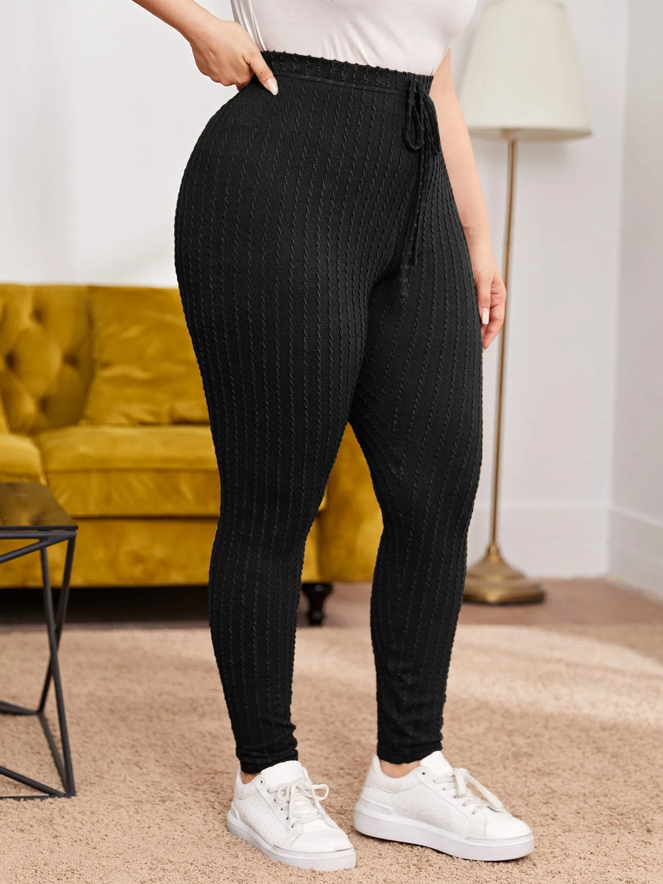 Plain Tie Front Long Plus Size Leggings