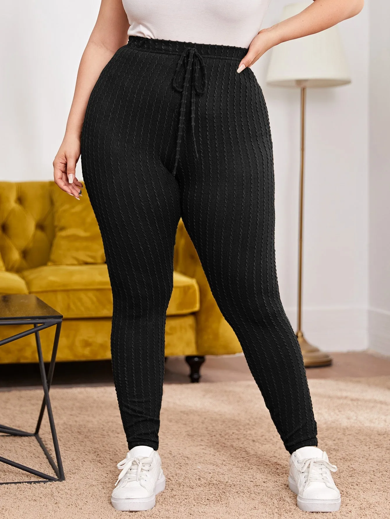 Plain Tie Front Long Plus Size Leggings