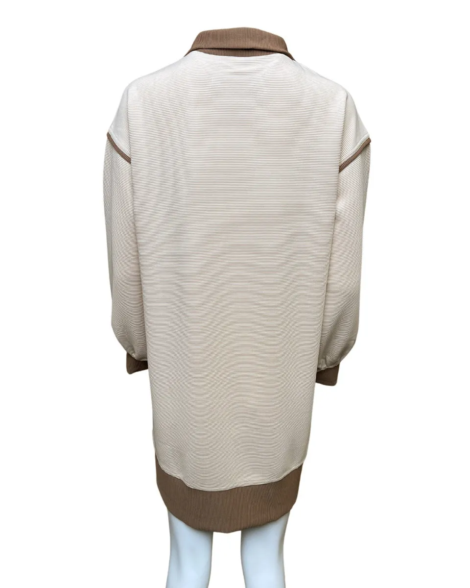 Solid Ribbed Zip Up Long Sleeve Collared Dress