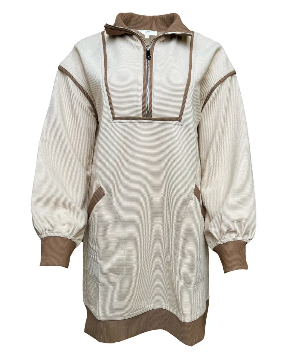 Solid Ribbed Zip Up Long Sleeve Collared Dress