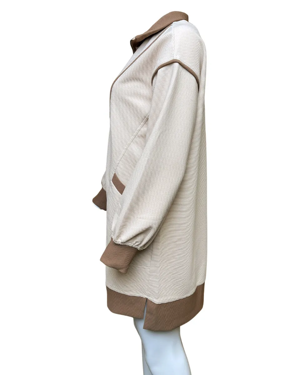 Solid Ribbed Zip Up Long Sleeve Collared Dress