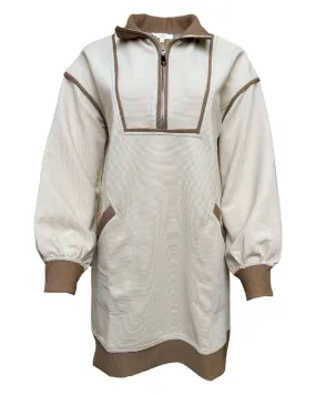 Solid Ribbed Zip Up Long Sleeve Collared Dress