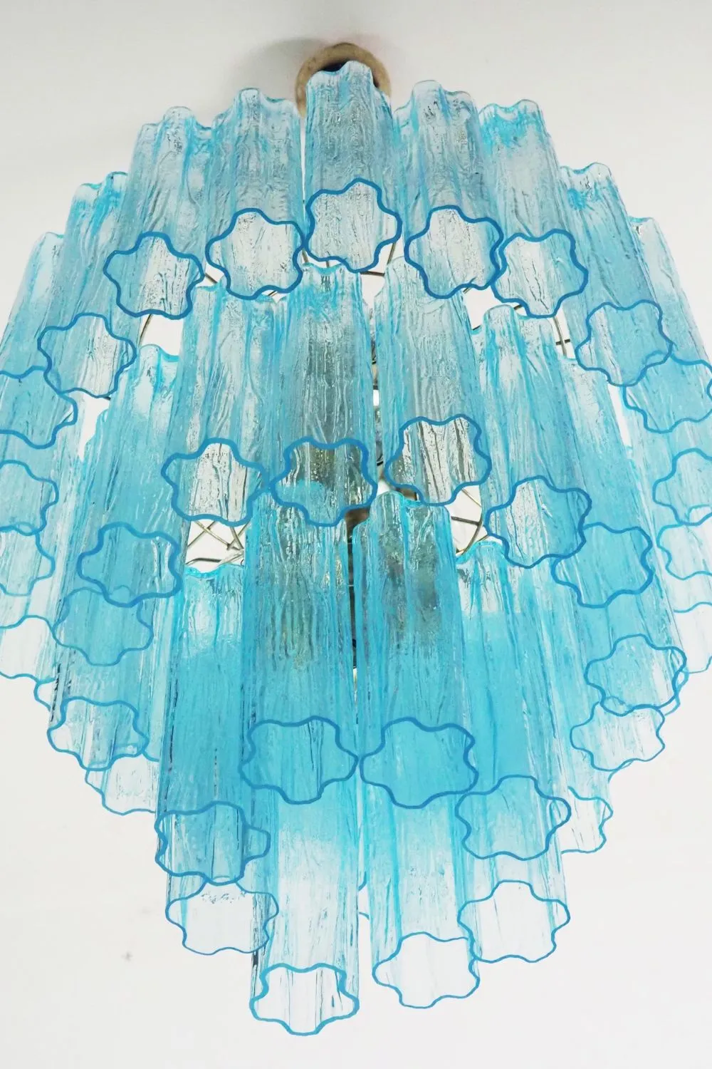 Three-tier Murano Venetian blue glass chandelier