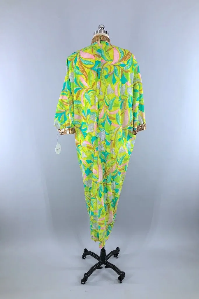 Vintage 70s Lime Green Sequined Caftan Dress