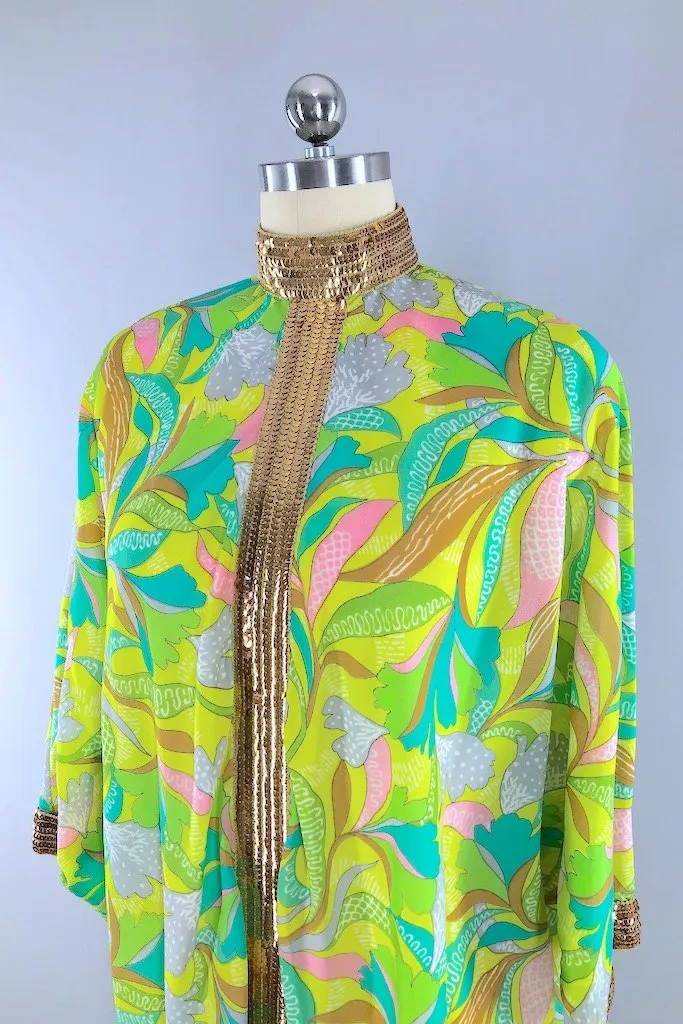 Vintage 70s Lime Green Sequined Caftan Dress