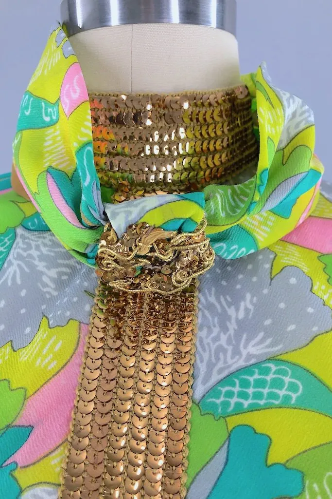 Vintage 70s Lime Green Sequined Caftan Dress