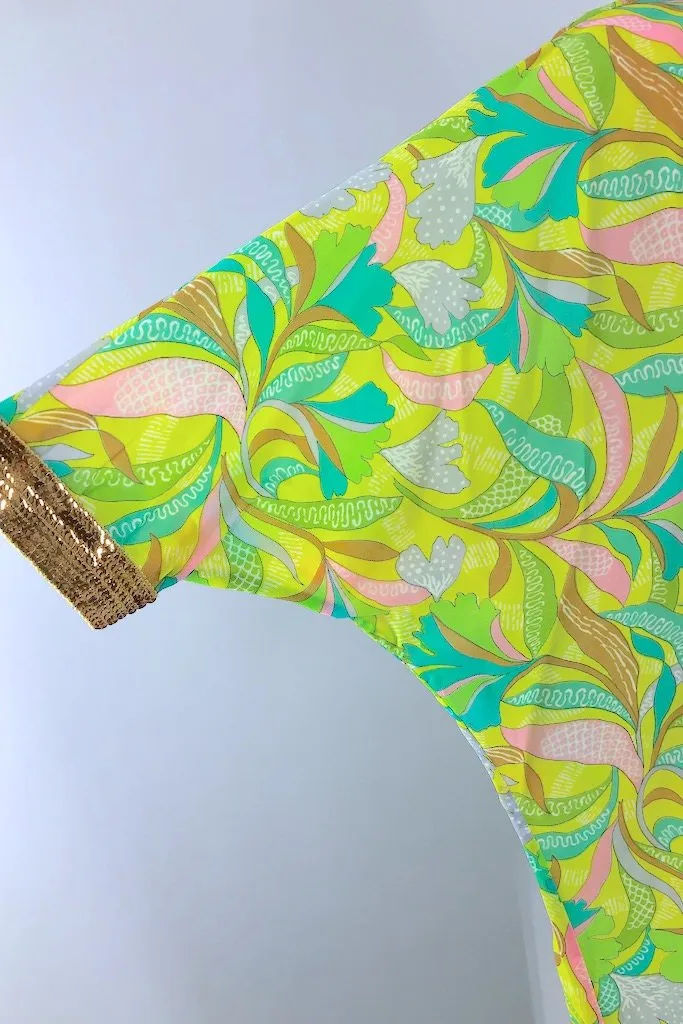 Vintage 70s Lime Green Sequined Caftan Dress